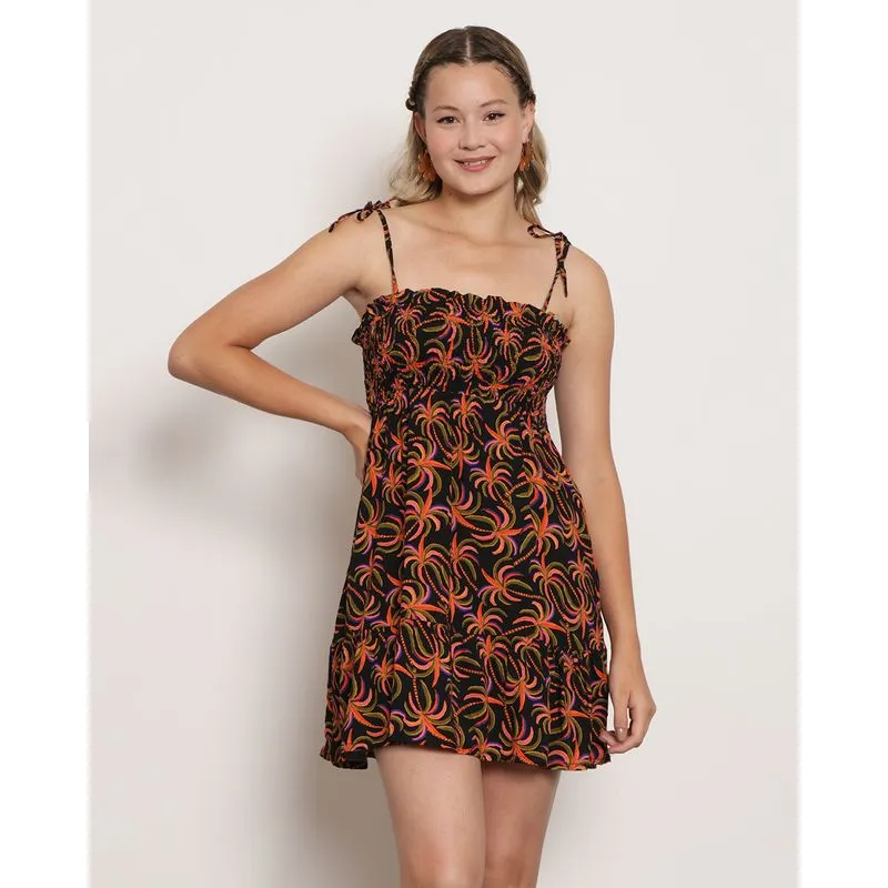Vestido Feminino Alcinha Estampado Coqueiro Viscose Preto G