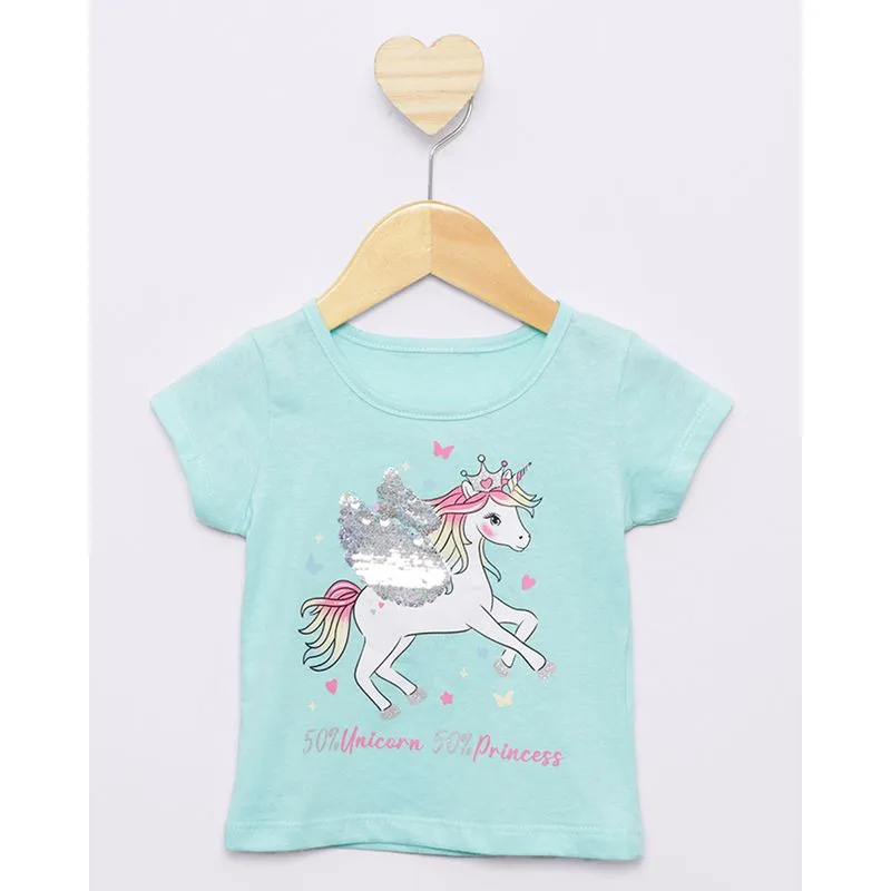 Blusa Bebê Estampa Unicórnio Com Paetê Manga Curta Azul 3