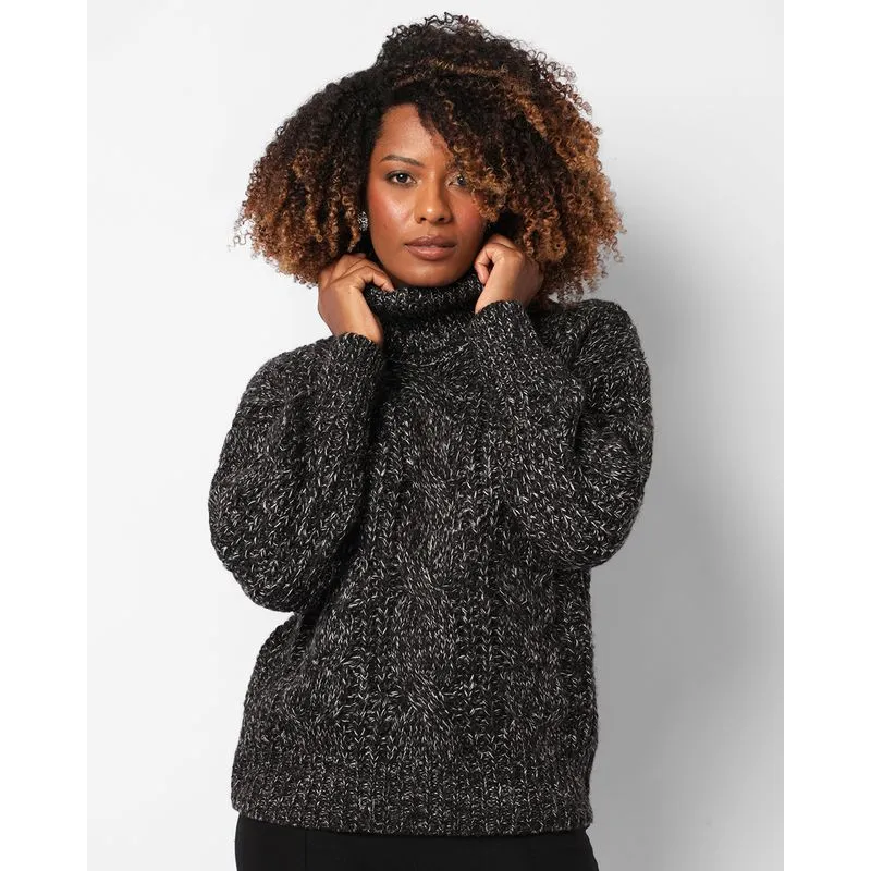 Suéter Feminino Tricô Gola Alta Preto G