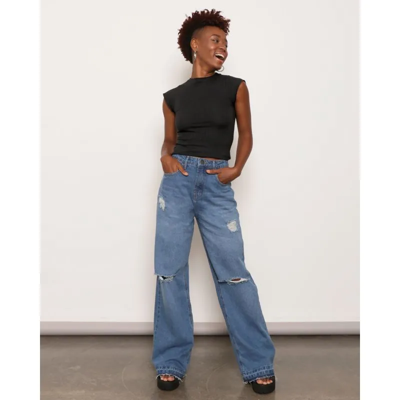 Calça Jeans Feminina Wide Leg Com Destroyed Azul 44