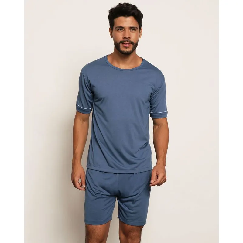 Pijama Masculino Manga Curto Azul P