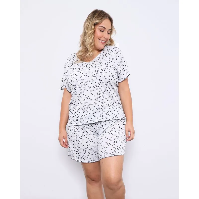 Pijama Plus Size Feminino Curto Canelado Estampa Estrelas Cinza 48