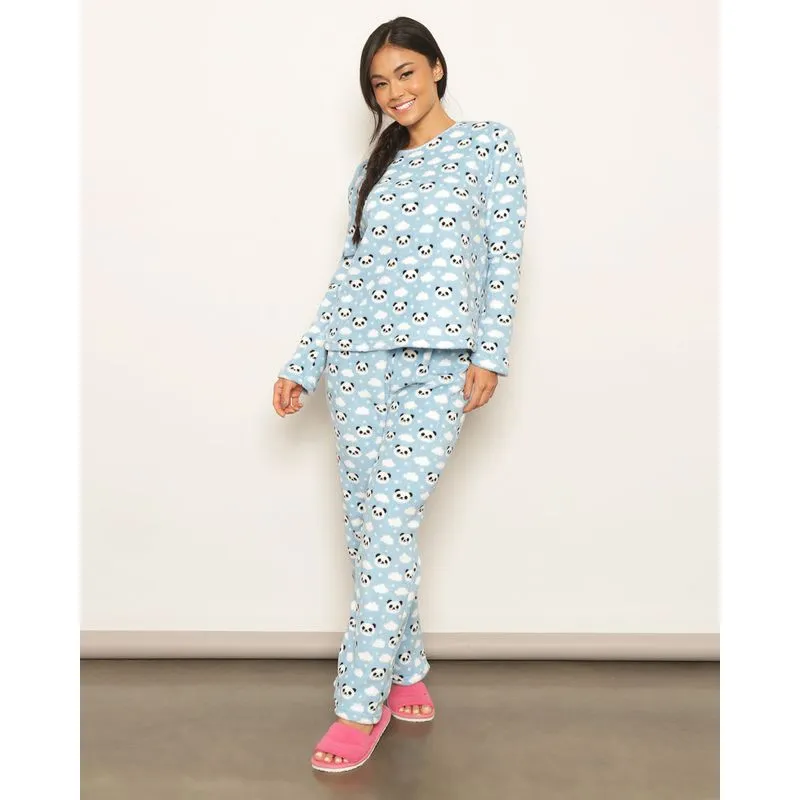 Pijama Feminino Longo Soft Estampado Panda Azul P
