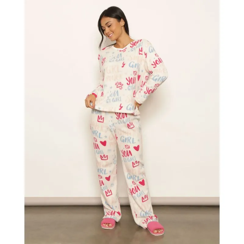 Pijama Feminino Longo Soft Estampado Off White P