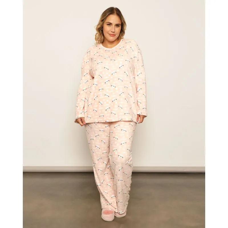 Pijama Plus Size Feminino Fleece Estampados Gatos Rosa 48
