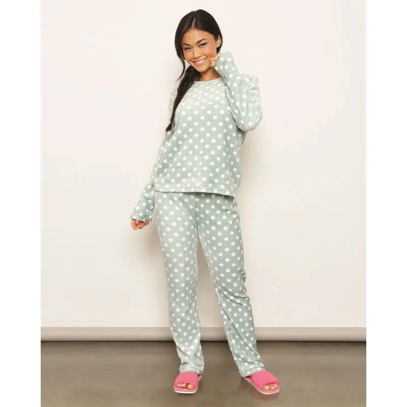 Pijama Feminino Longo Soft Estampado Bolinhas Verde G