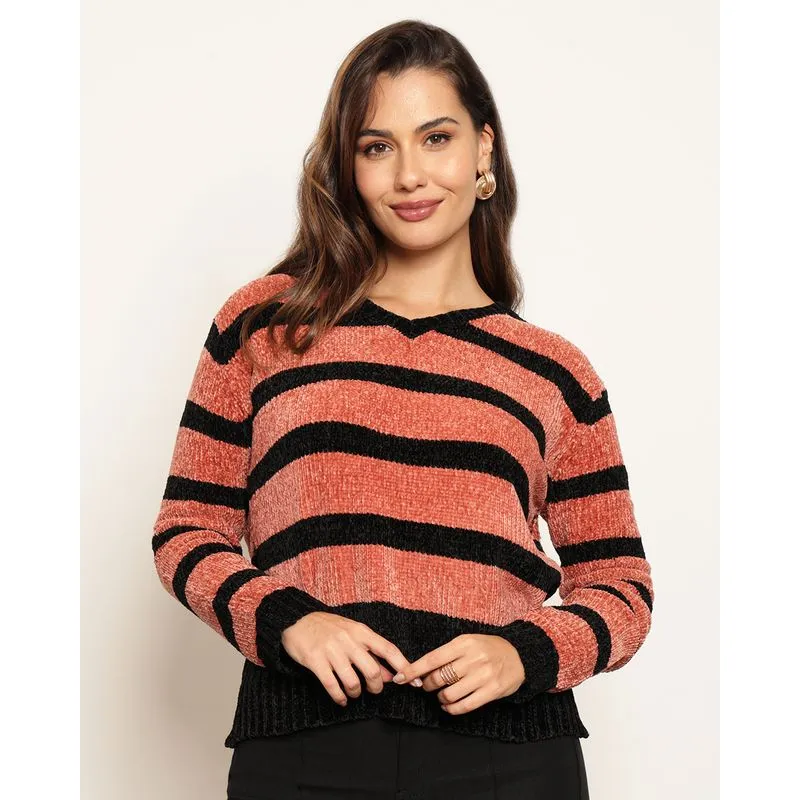 Suéter Feminino Tricô Manga Longa Decote V Listrado Preto G