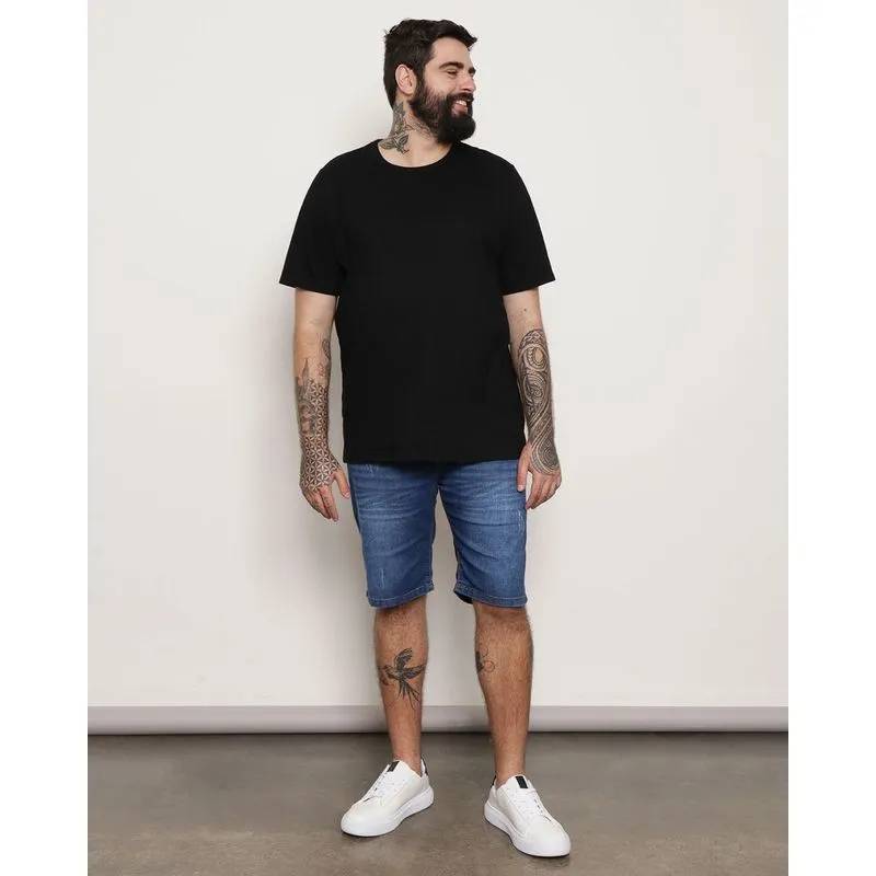 Bermuda Jeans Plus Size Masculina Com Puídos Bolsos Azul 58