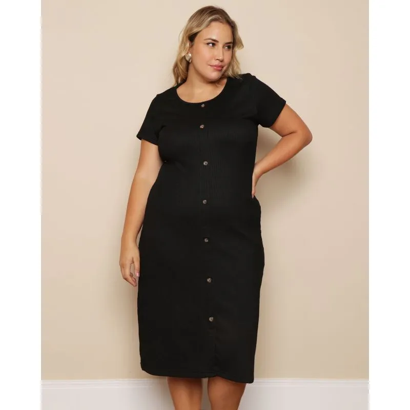 Vestido Plus Size Feminino Midi Com Botões Canelado Preta G2