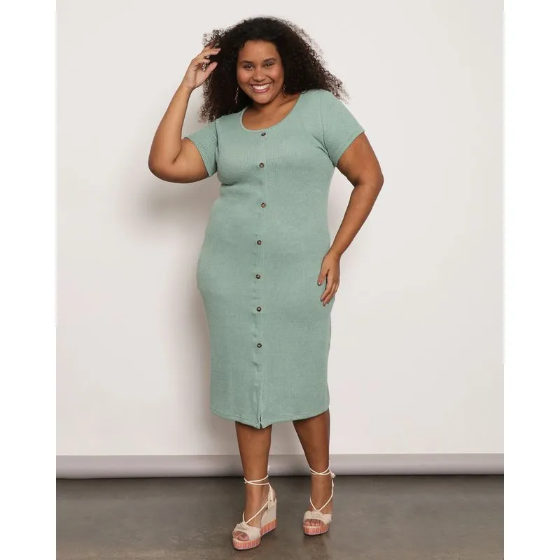 Vestido Plus Size Feminino Midi Com Botões Canelado Verde G2