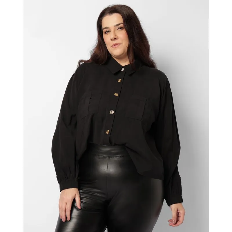 Camisa Plus Size Feminina Berry & Co. Viscose com Botões Preta G3