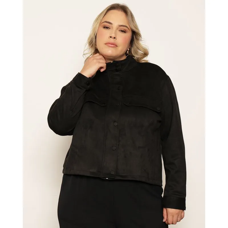 Jaqueta Plus Size Feminina Berry & Co. Gola Alta com Botões Preta G3