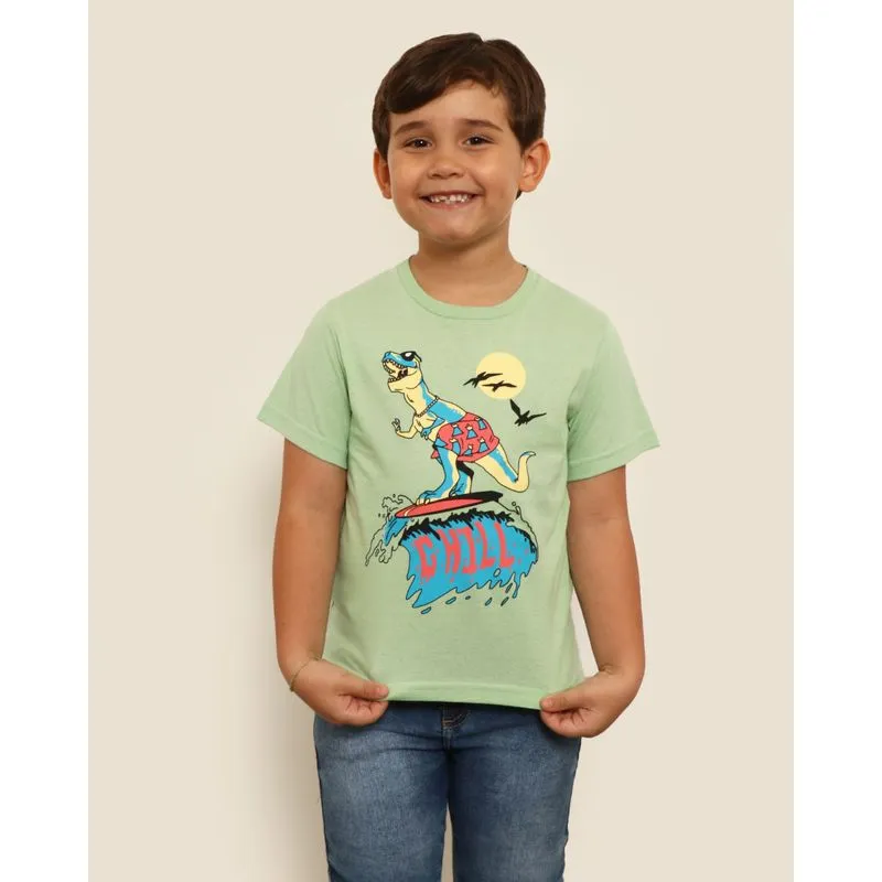 Camiseta Infantil Manga Curta Dino Surf Tropical Verde 8