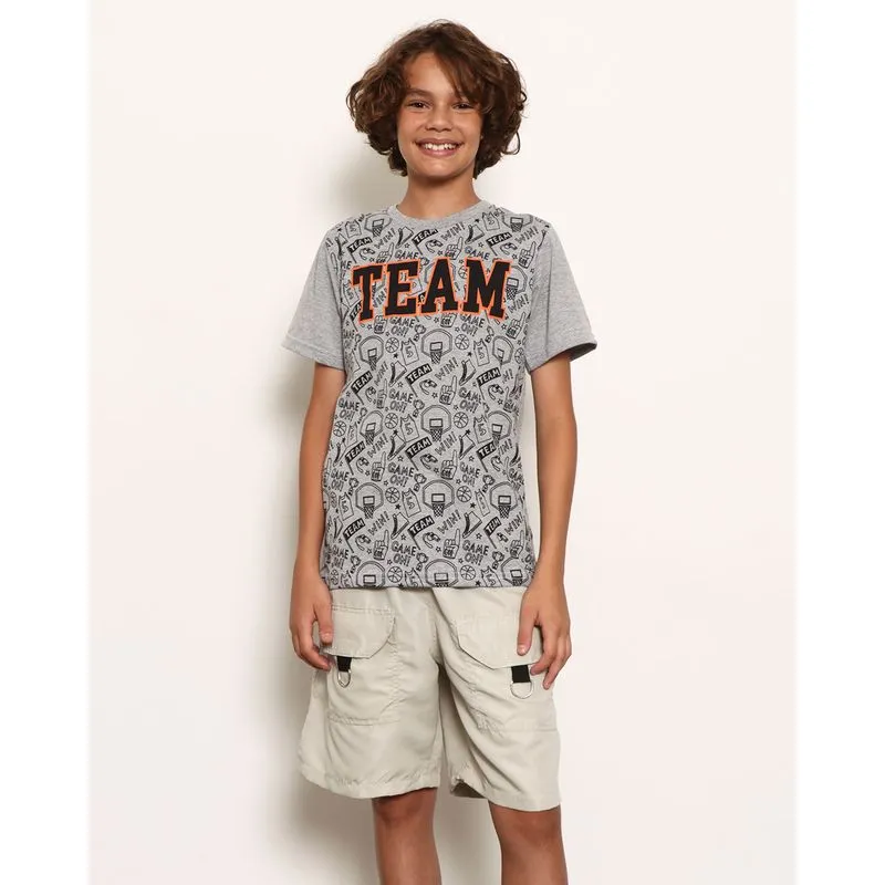 Camiseta juvenil Manga Curta Com Estampa TEAM Cinza 10