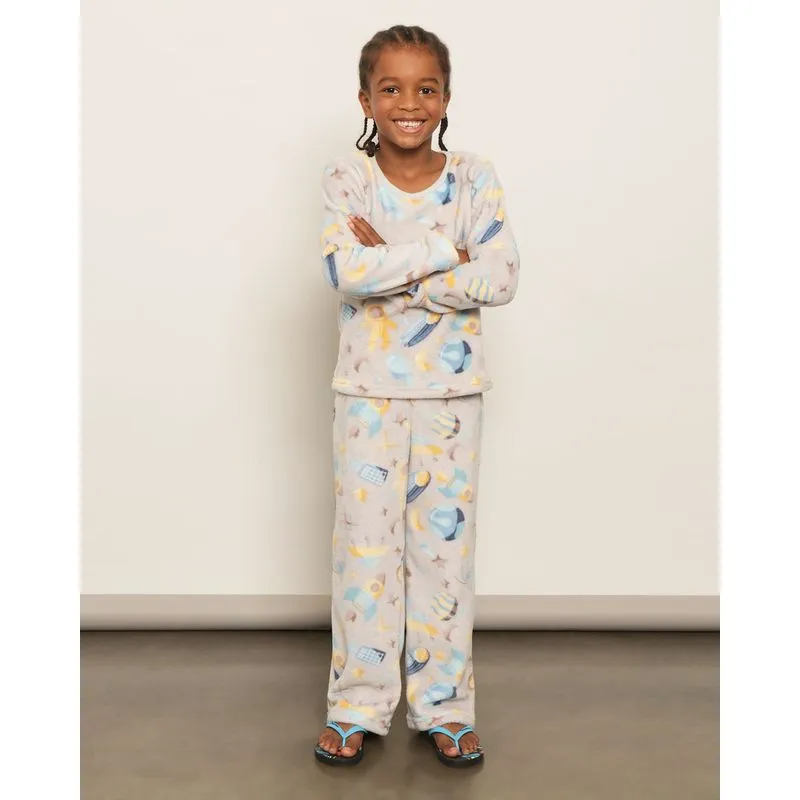Pijama Juvenil Longo Fleece Estampado Espacial Cinza 4