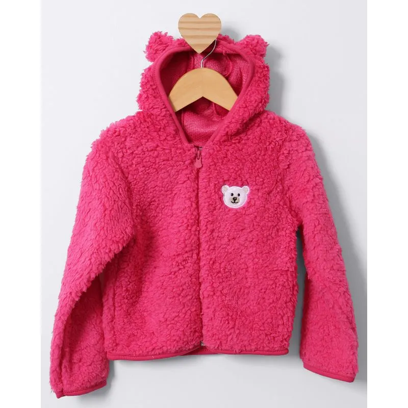Jaqueta Bebê Peluciada Urso Bordado Com Capuz Rosa 2