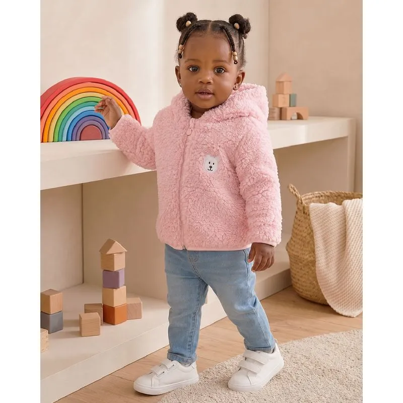 Jaqueta Bebê Sherpa Aplicação Capuz Com Orelhinha Rosa P