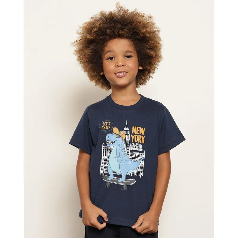 Camiseta Infantil Estampa Dinossauro Manga Curta Marinho 8