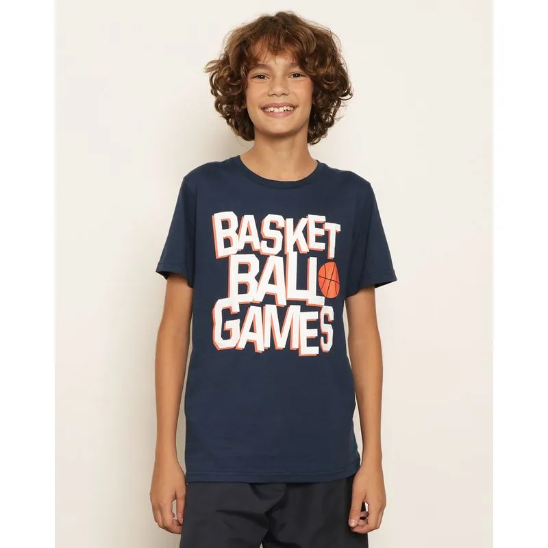 Camiseta Juvenil Manga Curta Estampa Basketball Marinho 12