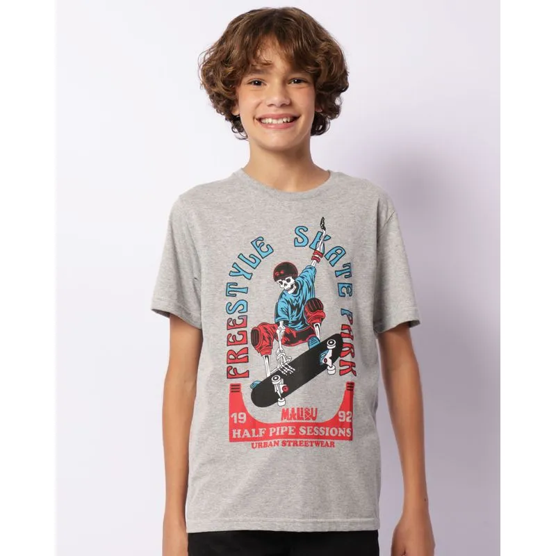 Camiseta Juvenil Estampa Caveira Manga Curta Cinza 10