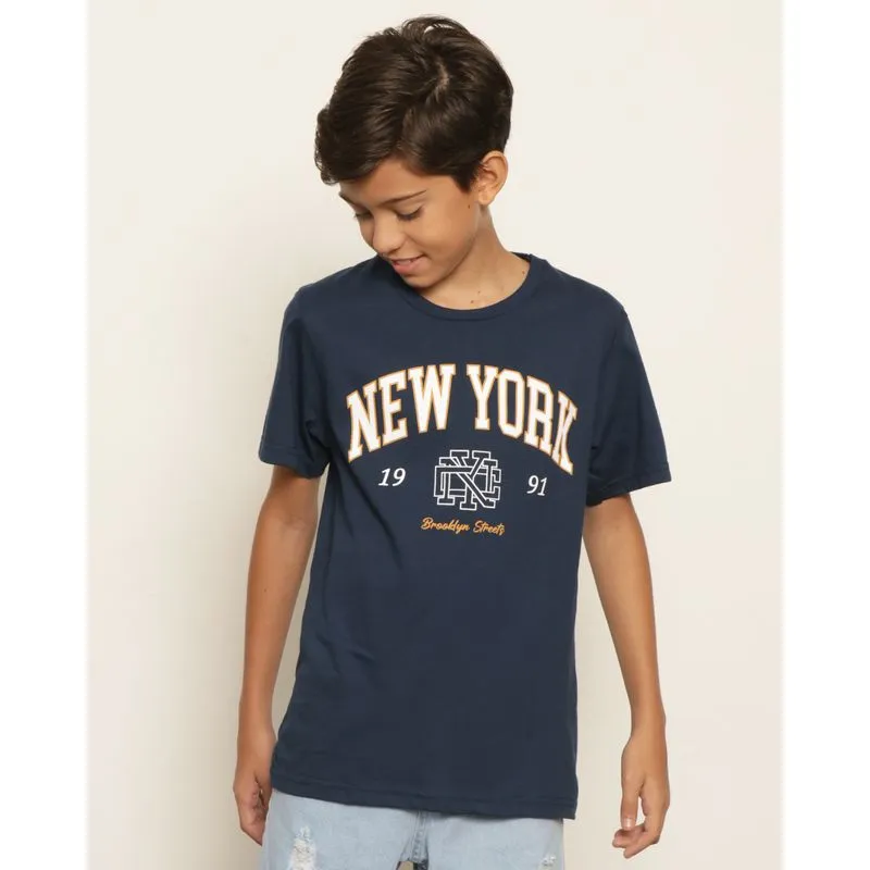 Camiseta Juvenil Estampa New York Manga Curta Marinho 14