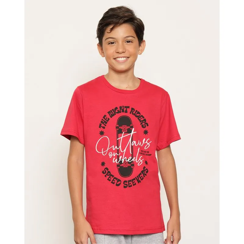 Camiseta Juvenil Estampa Skate Manga Curta Vermelha 14