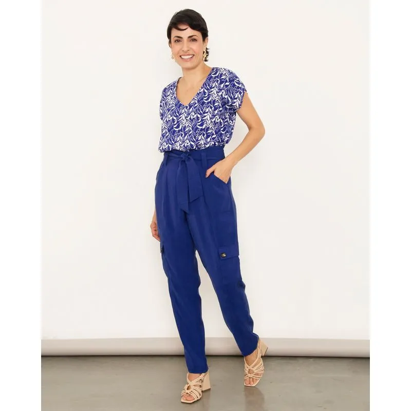Calça Feminina Viscose Reta Bolso Cargo Com Amarração Marinho M