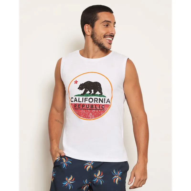 Regata Masculina Surf Estampa California Com Urso Branca GG