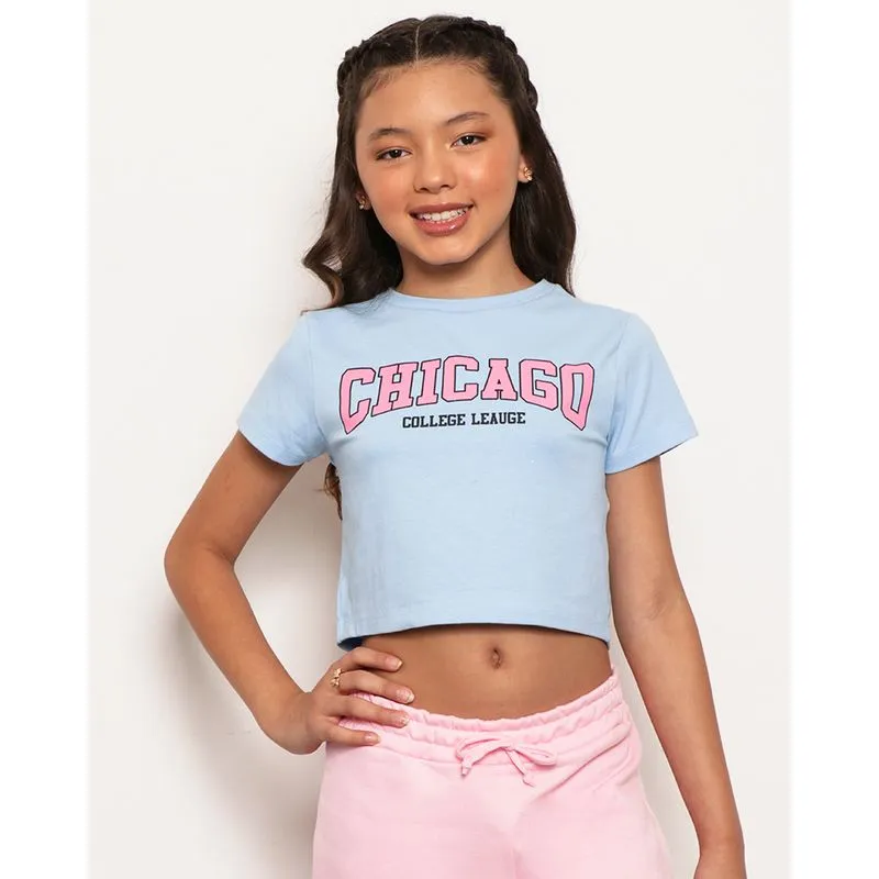 Blusa Juvenil Cropped Estampa Frontal Chicago Azul 16
