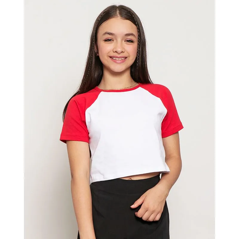 Blusa Juvenil Cropped Manga Curta Raglan Branca 14