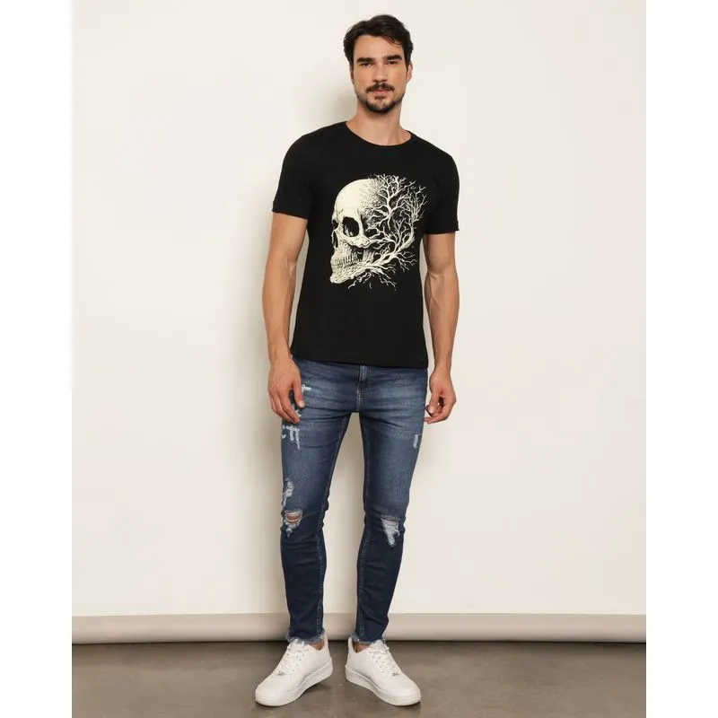 Calça Jeans Masculina Skinny Destroyed Com Estampa Azul 44