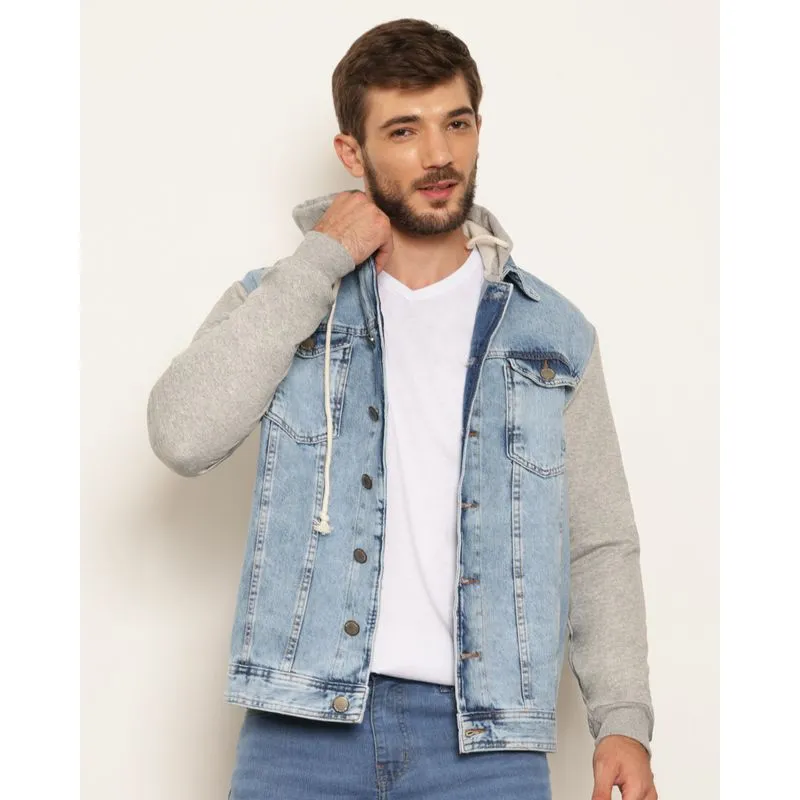 Jaqueta Jeans Masculina Recortes Com Bolsos E Capuz Azul P