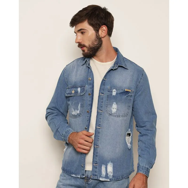 Jaqueta Jeans Masculina Destroyed Bolsos Com Botões Azul G