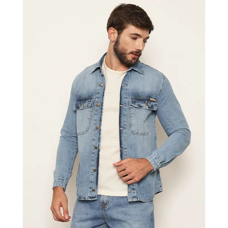 Jaqueta Jeans Masculina Bolsos Com Botões Marmorizado Azul G