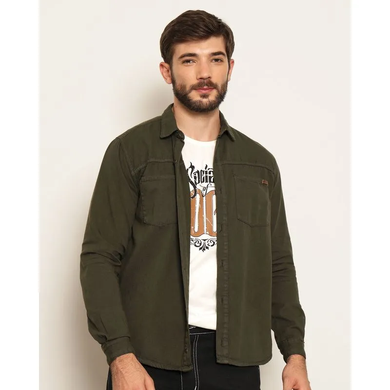 Camisa Masculina Sarja Manga Longa Bolsos Com Botões Verde P