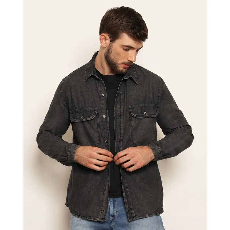 Camisa Jeans Masculina Manga Longa Com Bolsos Preta G