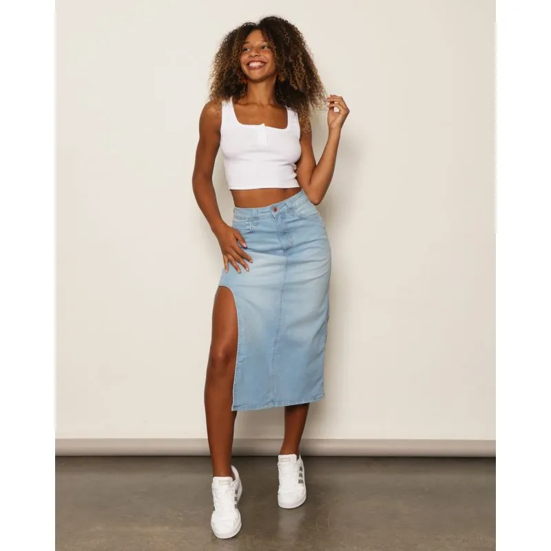 Saia Jeans Feminina Midi Com Fenda Na Lateral Azul 46