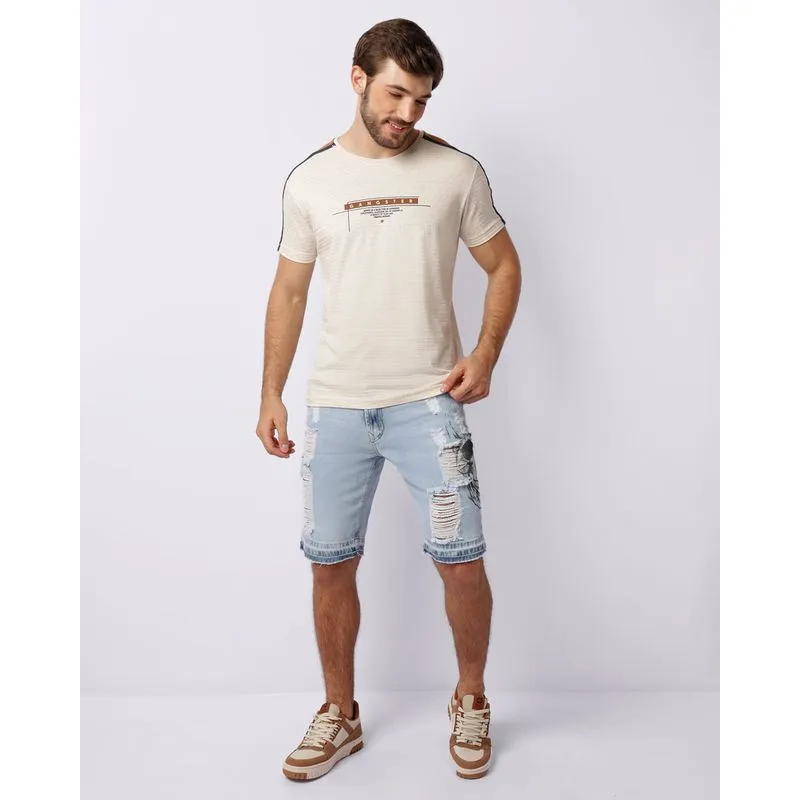 Bermuda Jeans Masculina Reta Destroyed Com Estampa Azul 48