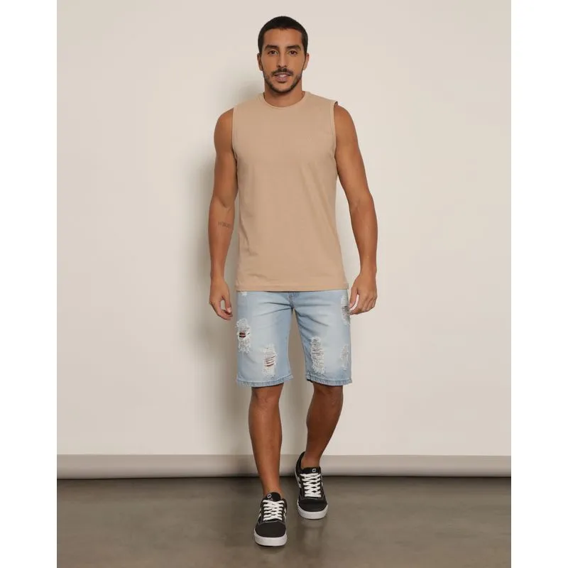 Bermuda Jeans Masculina Reta Destroyed Azul 38
