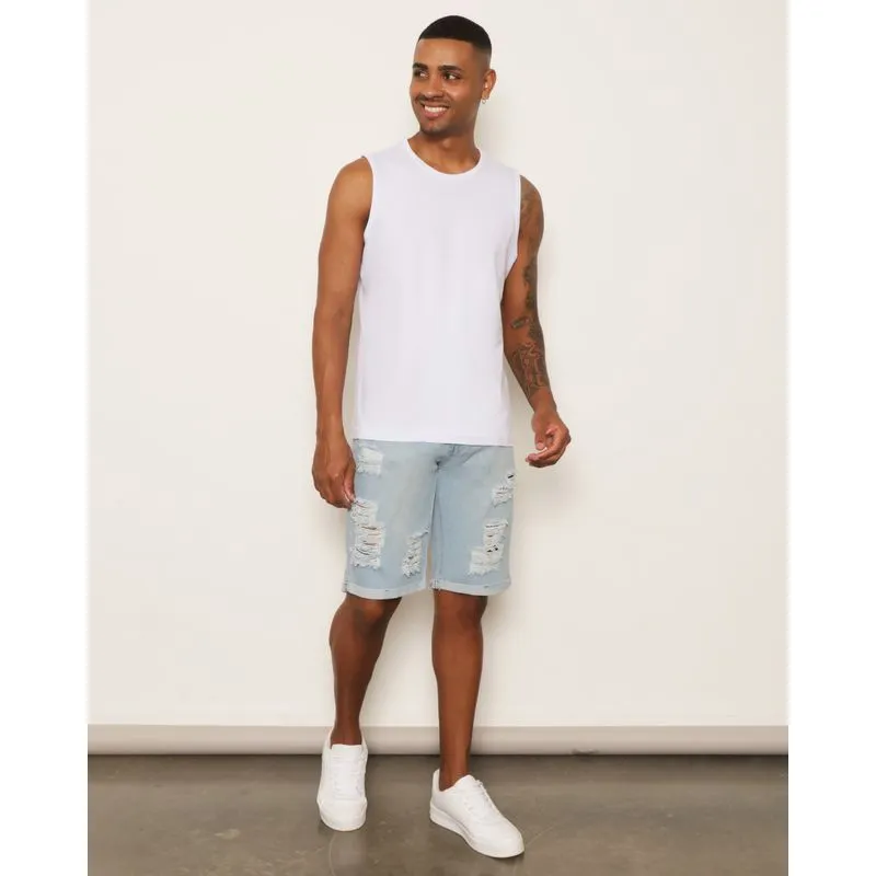 Bermuda Jeans Masculina Destroyed Barra Dobrada Azul 42