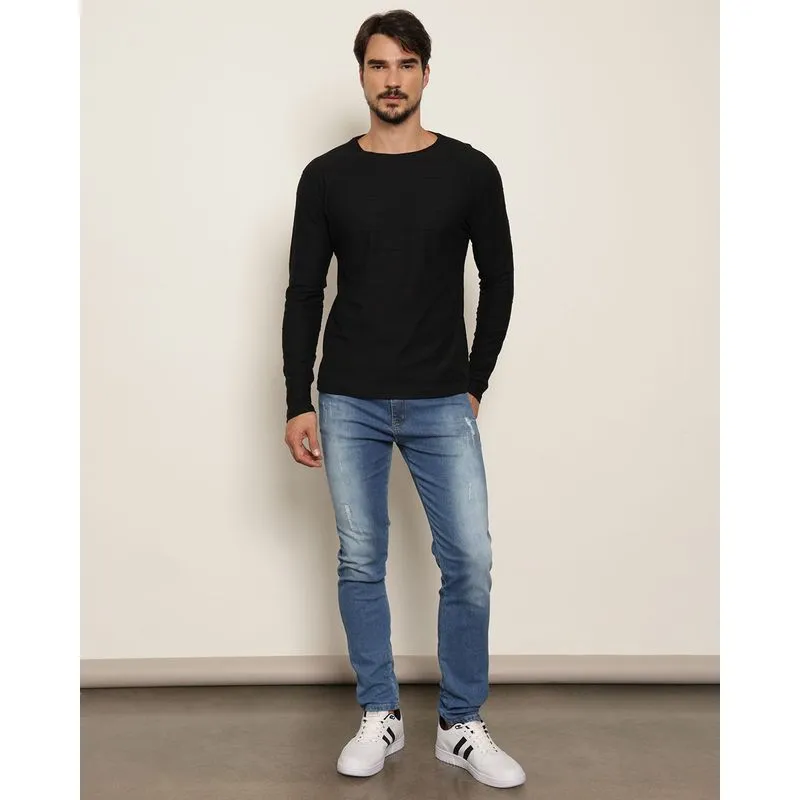 Calça Jeans Masculina Skinny Bolsos Com Puídos Azul 46
