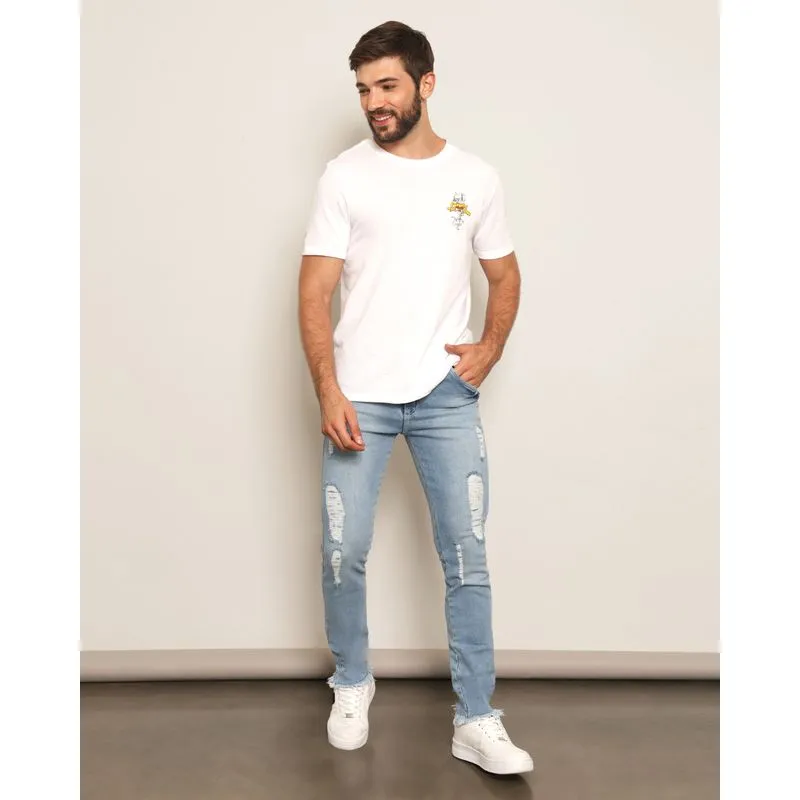 Calça Jeans Masculina Skinny Barra Desfiada Azul 36