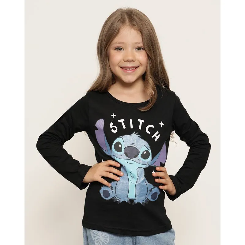 Camiseta Infantil Disney Stitch Manga Longa Preta 10