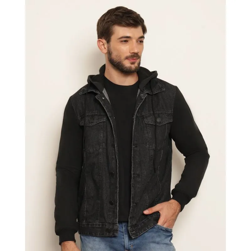 Jaqueta Jeans Masculina Recortes Com Capuz Preta G