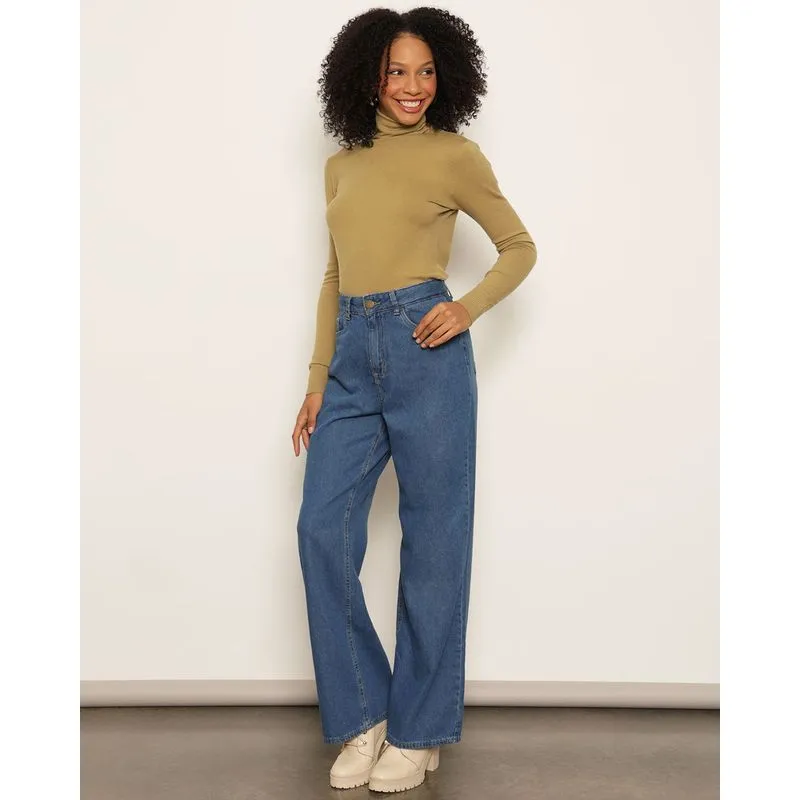 Calça Jeans Feminina Wide Leg com Bolsos Azul Claro 42