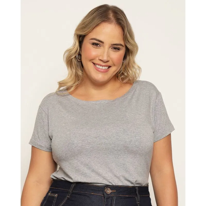Blusa Plus Size Feminina Manga Curta Básica Cinza G2