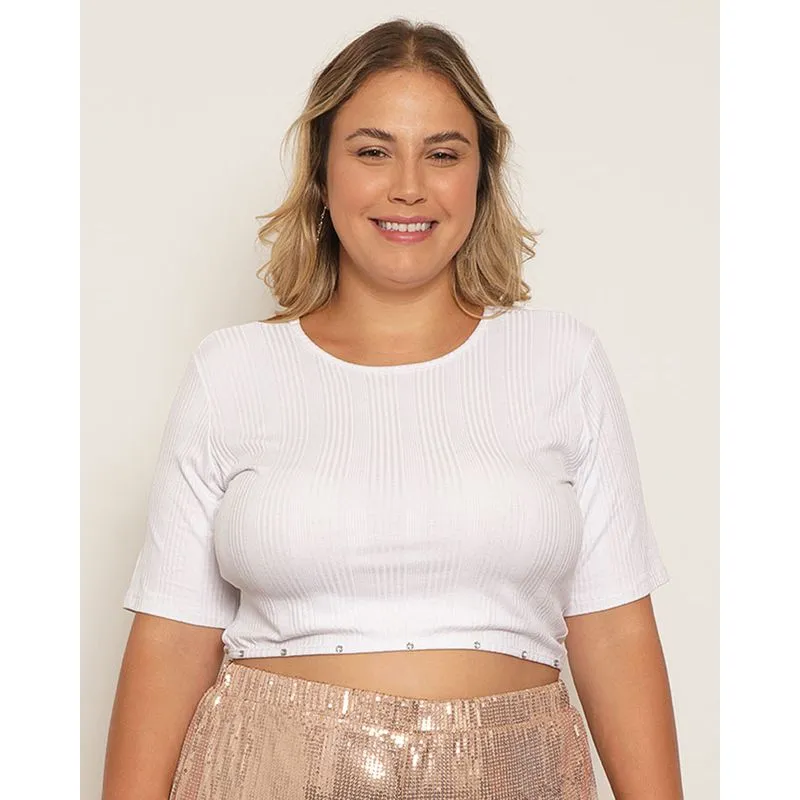 Blusa Plus Size Feminina Cropped Com Aplique de Brilho Branca G3