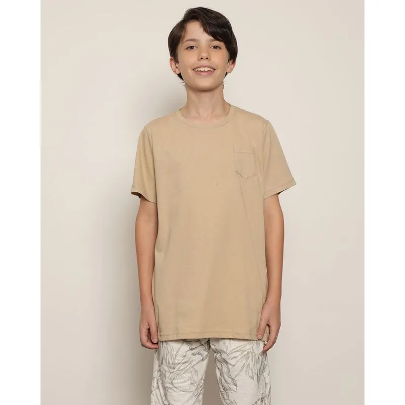 Camiseta Juvenil Menino Básica Bolso Frontal Manga Curta Bege 10