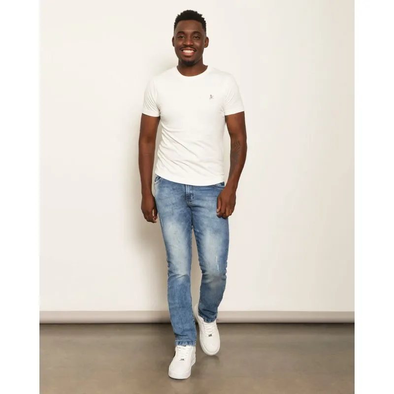 Calça Jeans Masculina Slim Com Puídos Azul 38
