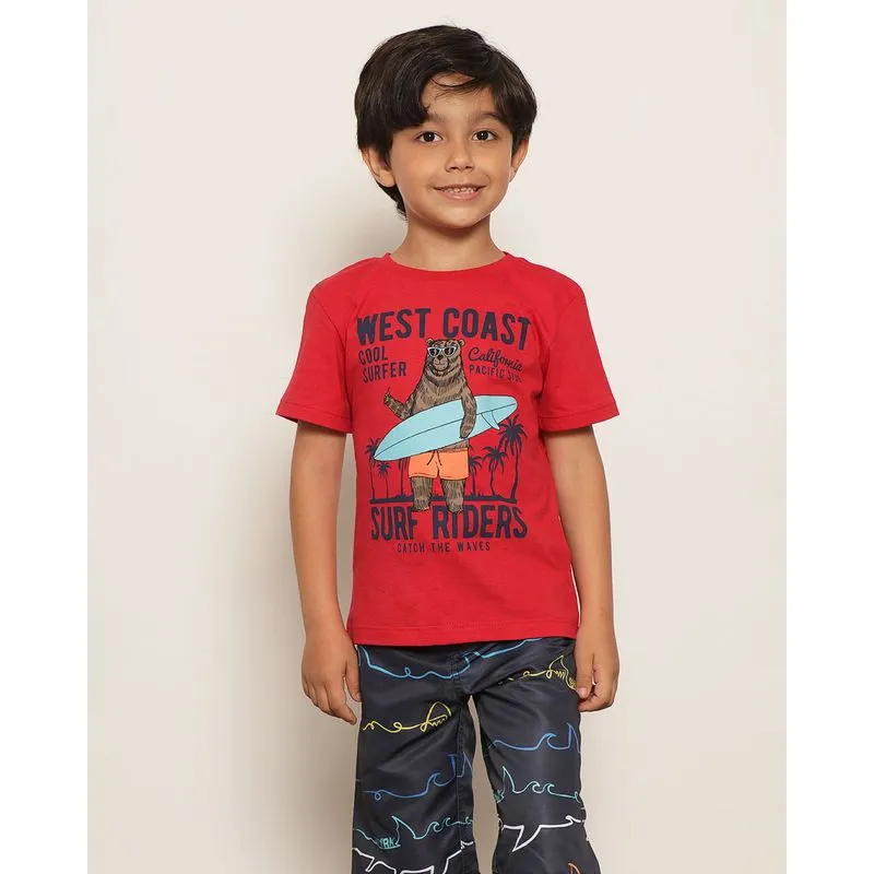 Camiseta Infantil Manga Curta Com Estampa Surf Vermelha 4